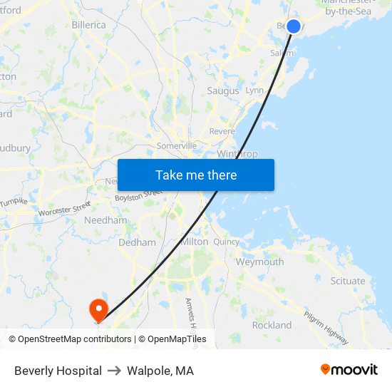 Beverly Hospital to Walpole, MA map