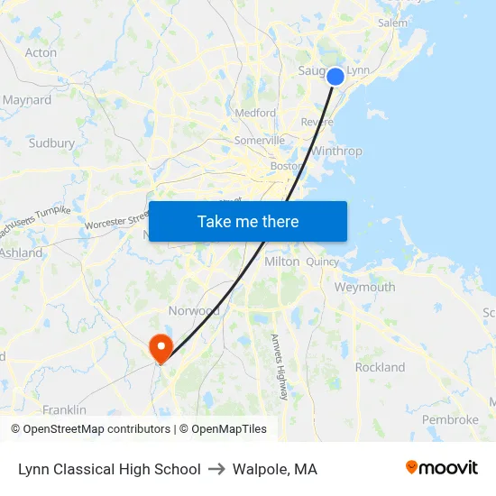 Lynn Classical High School to Walpole, MA map