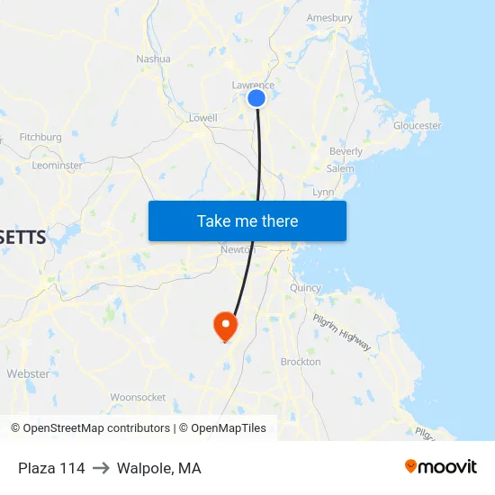 Plaza 114 to Walpole, MA map