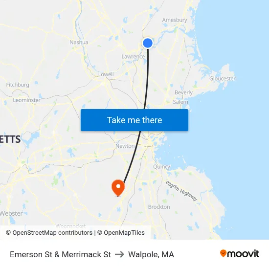 Emerson St & Merrimack St to Walpole, MA map