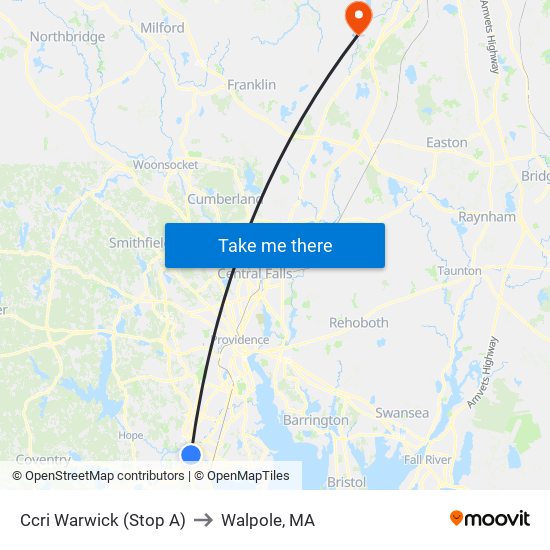 Ccri Warwick (Stop A) to Walpole, MA map