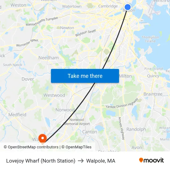 Lovejoy Wharf (North Station) to Walpole, MA map