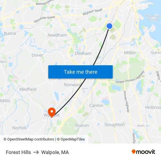 Forest Hills to Walpole, MA map