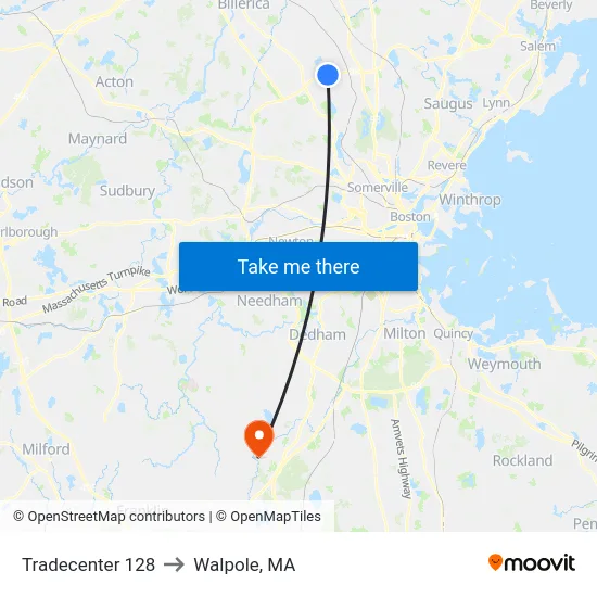 Tradecenter 128 to Walpole, MA map