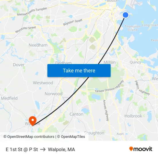 E 1st St @ P St to Walpole, MA map
