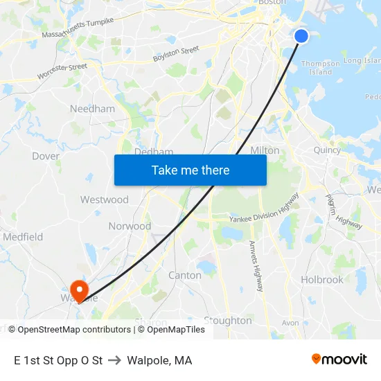 E 1st St Opp O St to Walpole, MA map