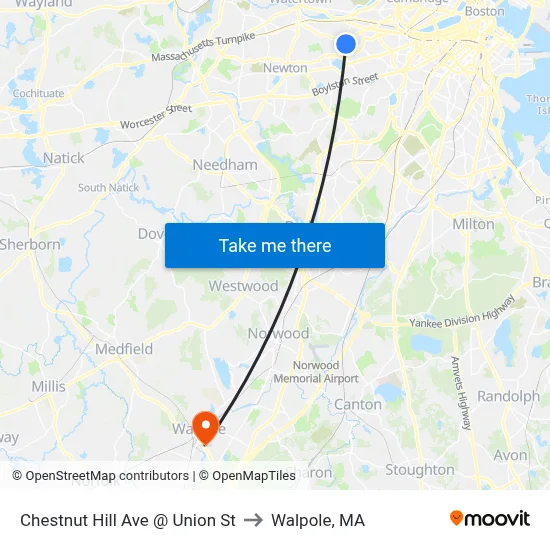 Chestnut Hill Ave @ Union St to Walpole, MA map
