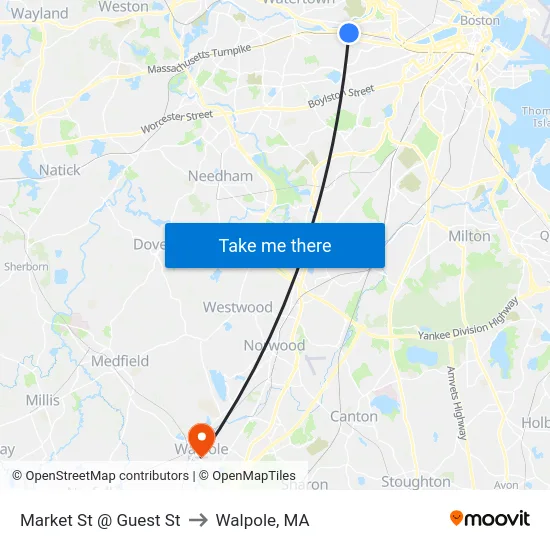 Market St @ Guest St to Walpole, MA map
