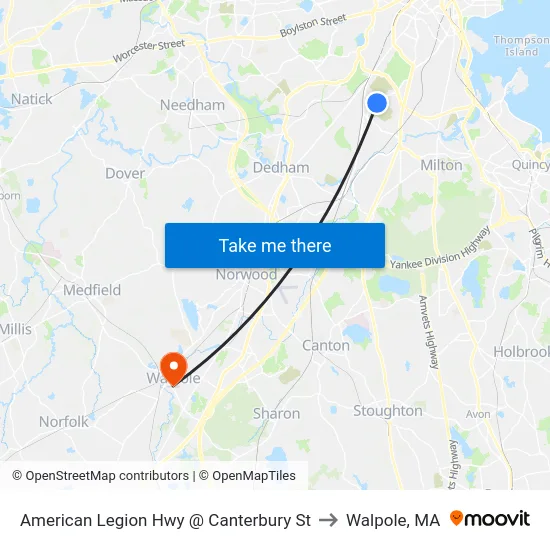 American Legion Hwy @ Canterbury St to Walpole, MA map
