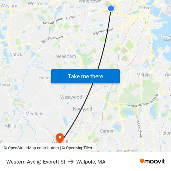 Western Ave @ Everett St to Walpole, MA map