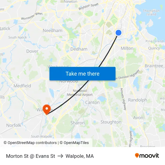 Morton St @ Evans St to Walpole, MA map