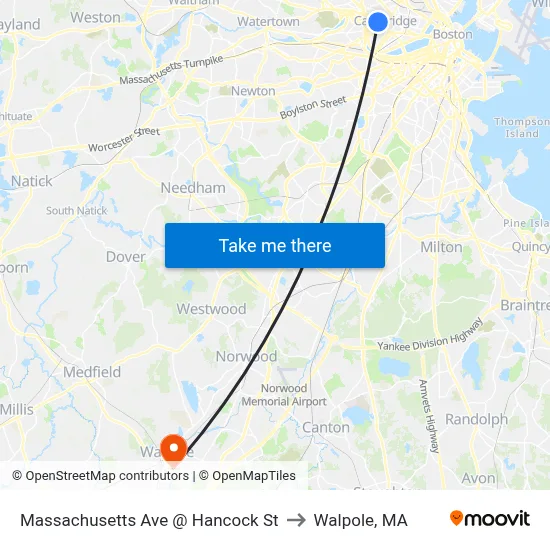 Massachusetts Ave @ Hancock St to Walpole, MA map