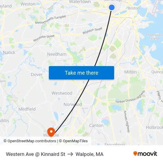 Western Ave @ Kinnaird St to Walpole, MA map