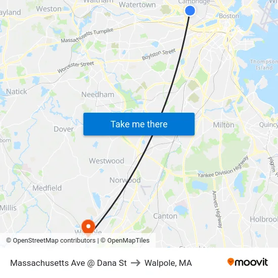 Massachusetts Ave @ Dana St to Walpole, MA map