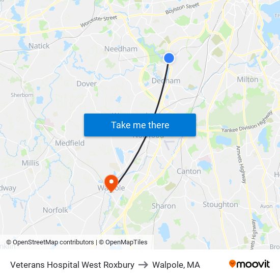 Veterans Hospital West Roxbury to Walpole, MA map