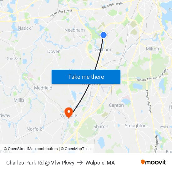 Charles Park Rd @ Vfw Pkwy to Walpole, MA map