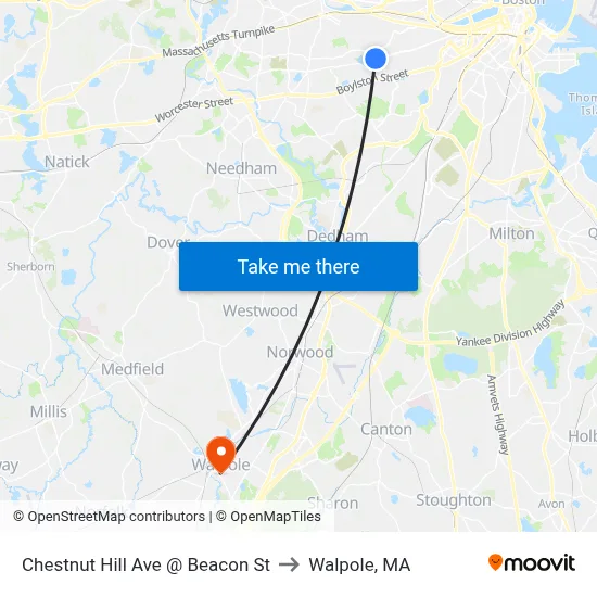 Chestnut Hill Ave @ Beacon St to Walpole, MA map