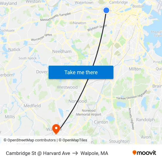 Cambridge St @ Harvard Ave to Walpole, MA map