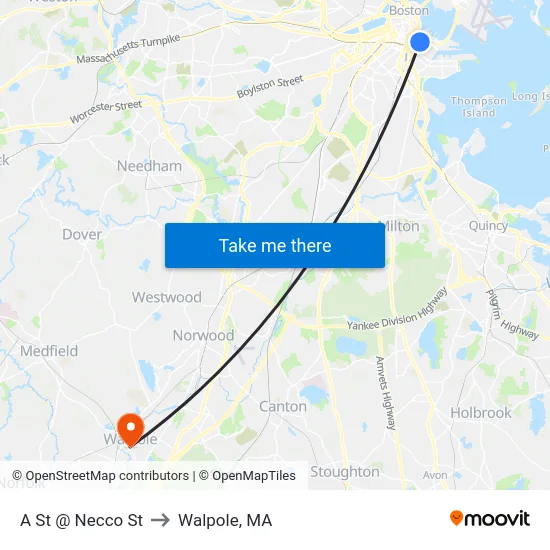 A St @ Necco St to Walpole, MA map