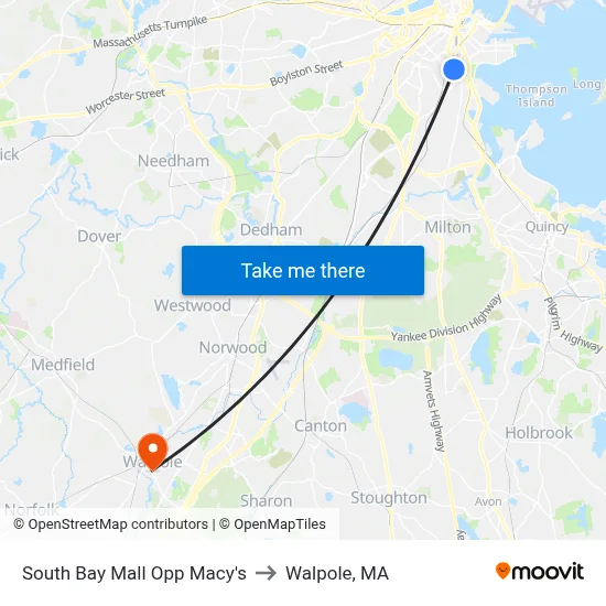 South Bay Mall Opp Macy's to Walpole, MA map