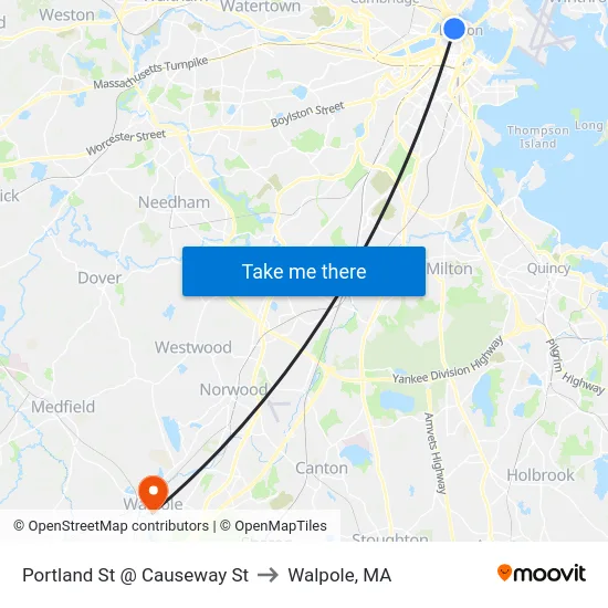 Portland St @ Causeway St to Walpole, MA map
