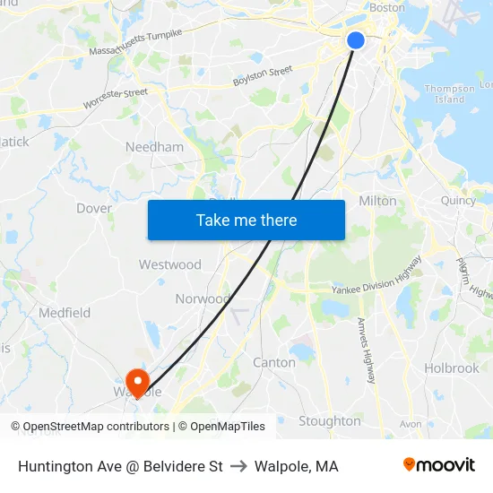 Huntington Ave @ Belvidere St to Walpole, MA map