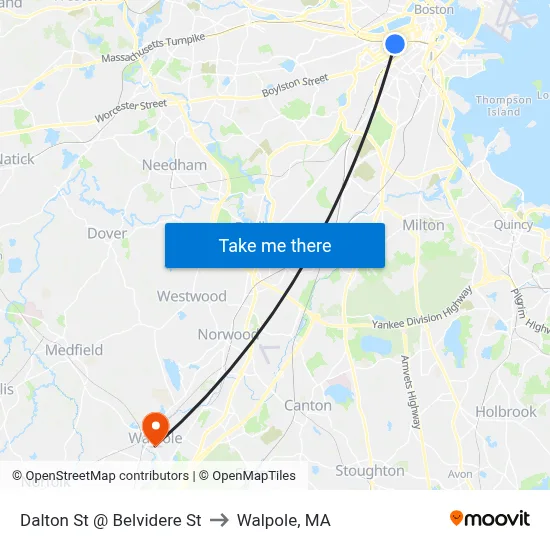 Dalton St @ Belvidere St to Walpole, MA map