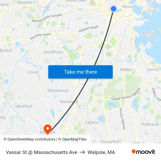 Vassar St @ Massachusetts Ave to Walpole, MA map