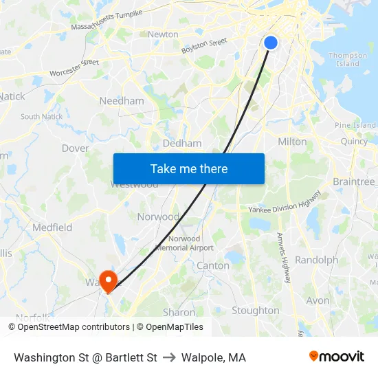 Washington St @ Bartlett St to Walpole, MA map