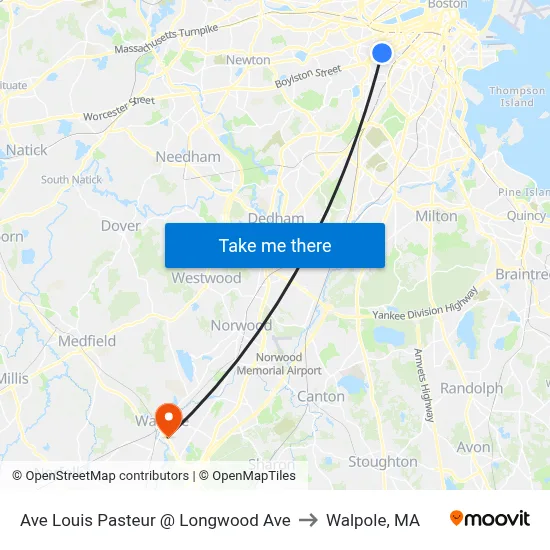 Ave Louis Pasteur @ Longwood Ave to Walpole, MA map