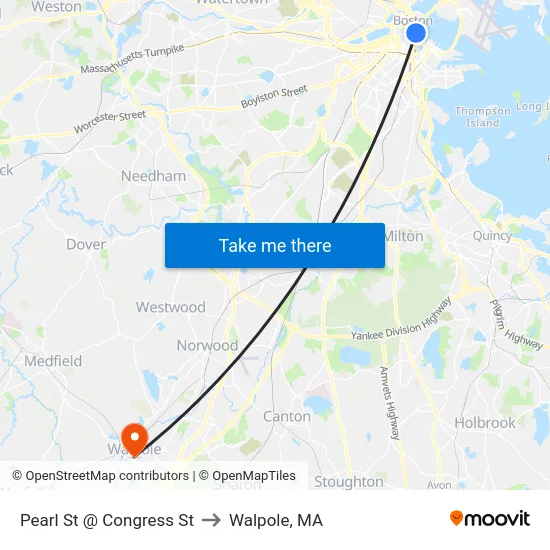 Pearl St @ Congress St to Walpole, MA map