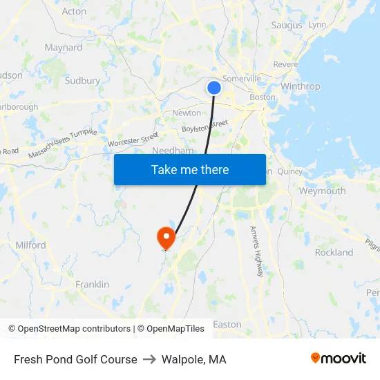Fresh Pond Golf Course to Walpole, MA map