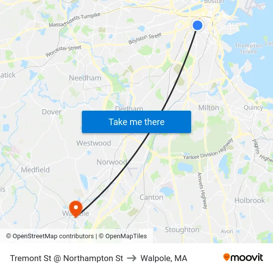 Tremont St @ Northampton St to Walpole, MA map