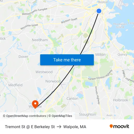 Tremont St @ E Berkeley St to Walpole, MA map