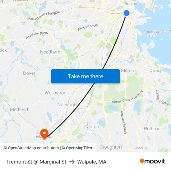 Tremont St @ Marginal St to Walpole, MA map