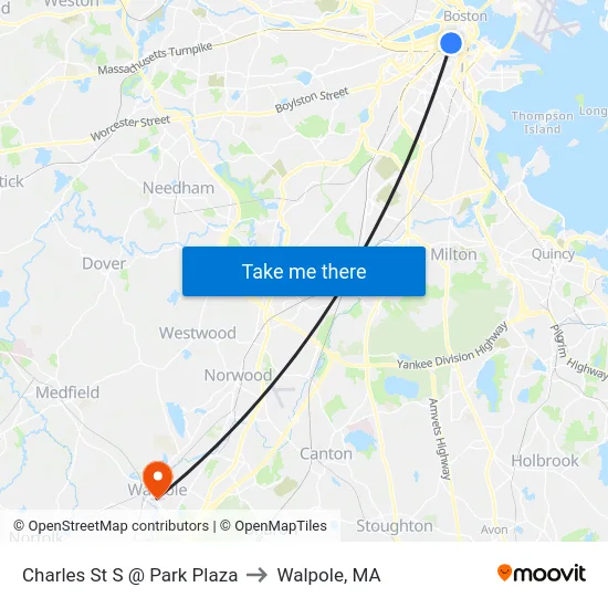 Charles St S @ Park Plaza to Walpole, MA map