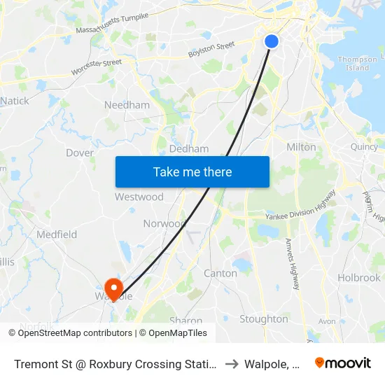 Tremont St @ Roxbury Crossing Station to Walpole, MA map