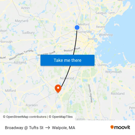 Broadway @ Tufts St to Walpole, MA map