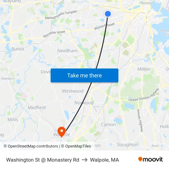 Washington St @ Monastery Rd to Walpole, MA map