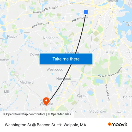 Washington St @ Beacon St to Walpole, MA map