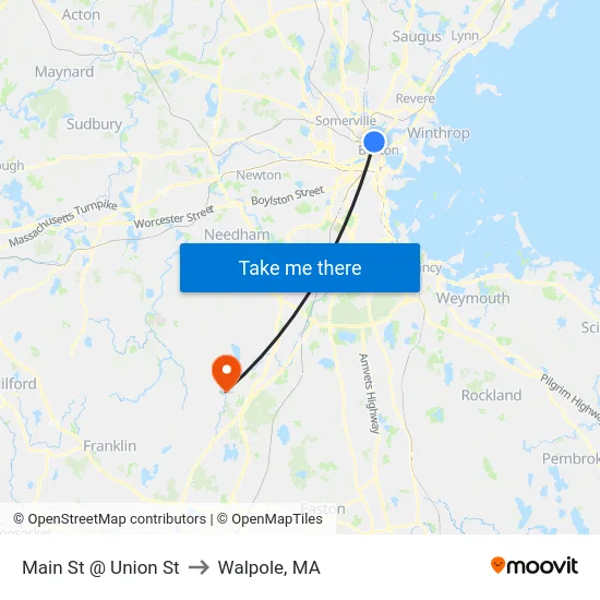 Main St @ Union St to Walpole, MA map