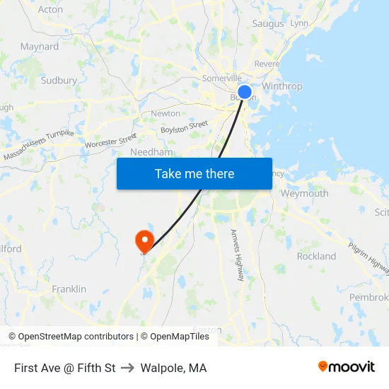 First Ave @ Fifth St to Walpole, MA map