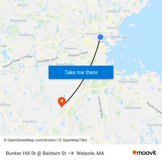 Bunker Hill St @ Baldwin St to Walpole, MA map