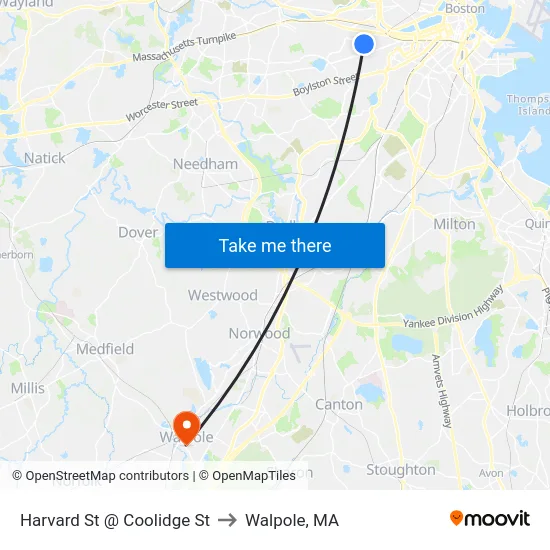 Harvard St @ Coolidge St to Walpole, MA map