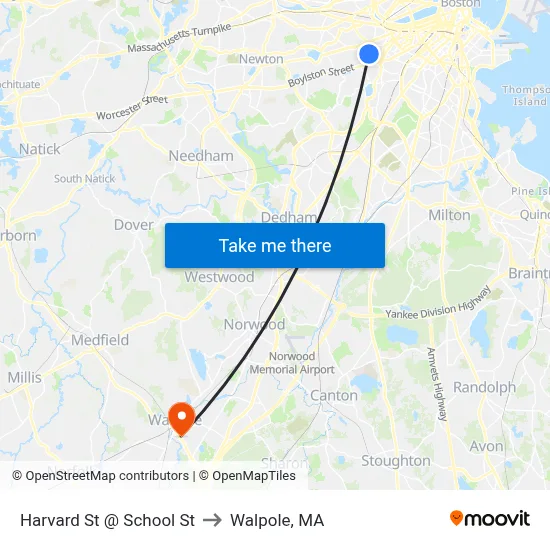 Harvard St @ School St to Walpole, MA map