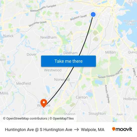 Huntington Ave @ S Huntington Ave to Walpole, MA map