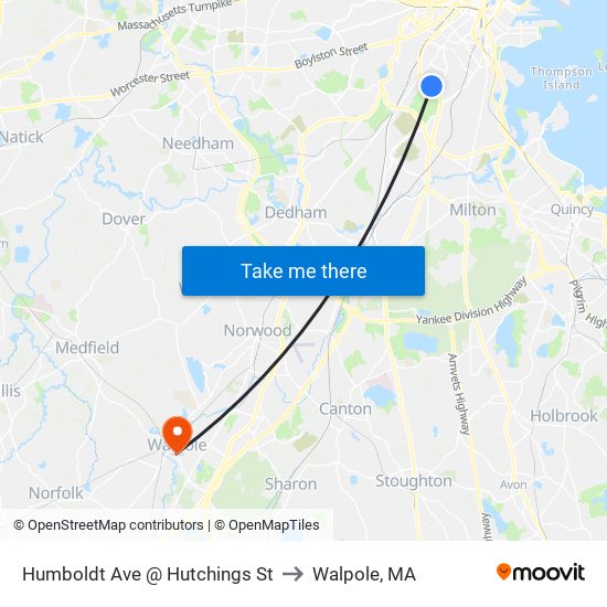 Humboldt Ave @ Hutchings St to Walpole, MA map