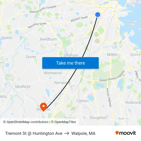 Tremont St @ Huntington Ave to Walpole, MA map