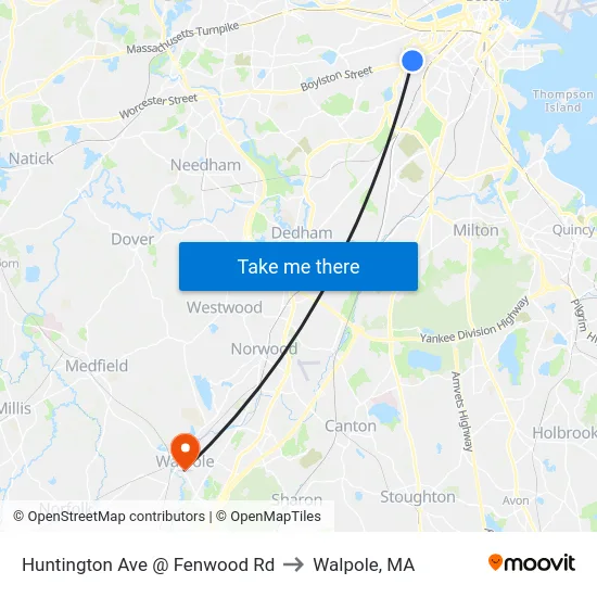 Huntington Ave @ Fenwood Rd to Walpole, MA map