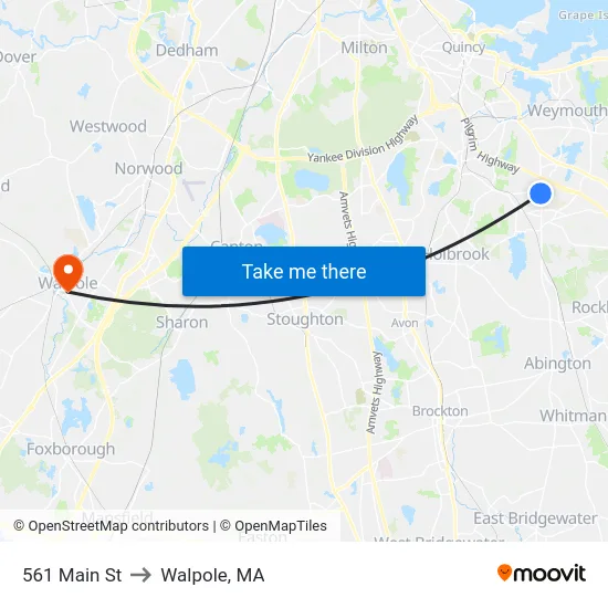 561 Main St to Walpole, MA map